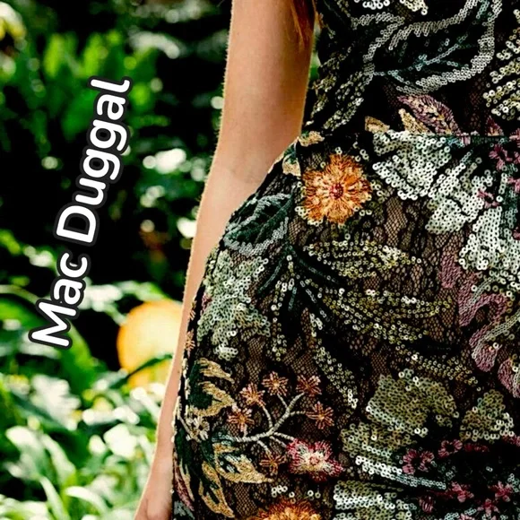 Mac Duggal Green, Black and Orange Tropical and Floral Sequin, Backless Dress - Picture 3 of 11